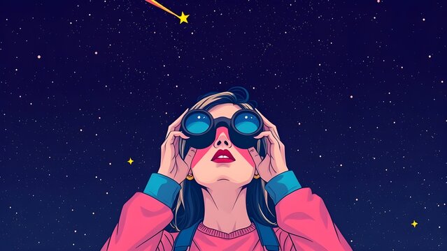 Girl with telescope under night and stars, illustration background 