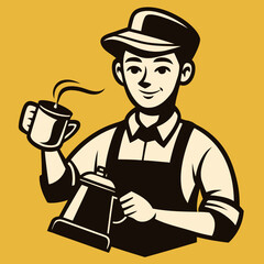 Smiling barista holding coffee cup and kettle