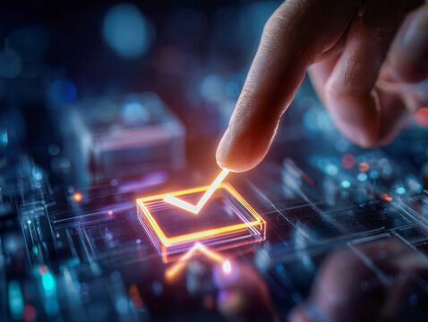 Human finger activating glowing digital checkmark symbol on futuristic high-tech circuit board interface representing approval or confirmation in a cyber environment