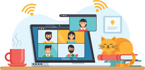 Fototapeta premium Remote team meeting illustration with diverse participants on laptop, internet connectivity, cozy coffee break, and sleeping cat on books, work from home lifestyle. Vector