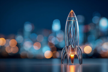 Futuristic transparent rocket ship model glowing against a vibrant cityscape at night with colorful blurred lights in the background for innovation concept