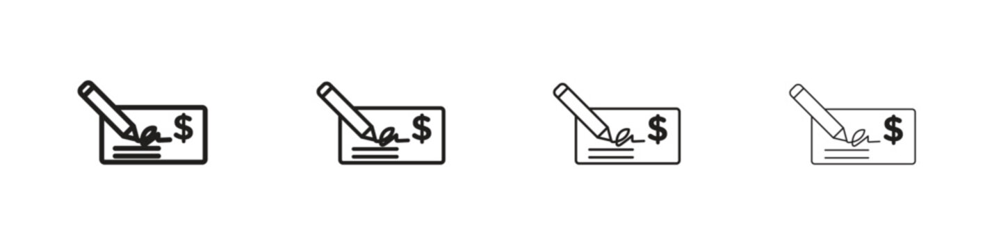 Signing cheque icon outline symbol. Editable Stroke collection.