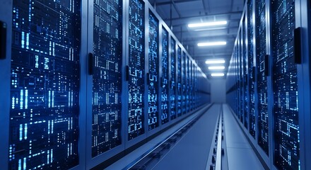 Fototapeta premium Data center with rows of server racks and blue lights.