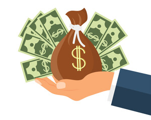 Hand holds a sack of money and banknotes. How to get rich. A question that worries many. Vector illustration. 