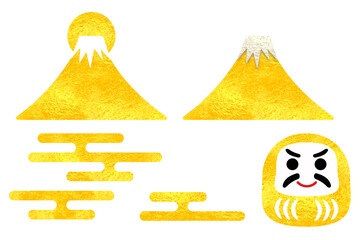 お正月用金素材のイラストセット　富士山　工霞　ダルマ