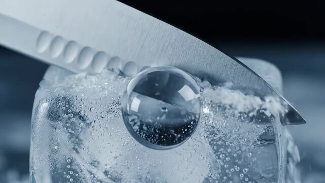 Knife blade balanced on a melting ice cube with a perfect water droplet on its surface, cold contrast of steel and crystal capturing tension, reflection and delicate detail