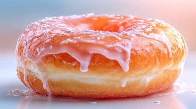 Glazed donut with pink icing and sprinkles, showcasing a delicious dessert with a soft texture, placed on a reflective surface, inviting sweet indulgence and culinary delight - Powered by Adobe