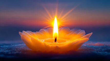 Illuminated candle in a flower-shaped holder, casting a warm glow against a serene twilight backdrop, symbolizing peace and tranquility in a calming atmosphere