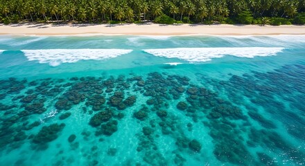 Fototapeta premium Aerial view of tropical beach with turquoise water and coral reefs.