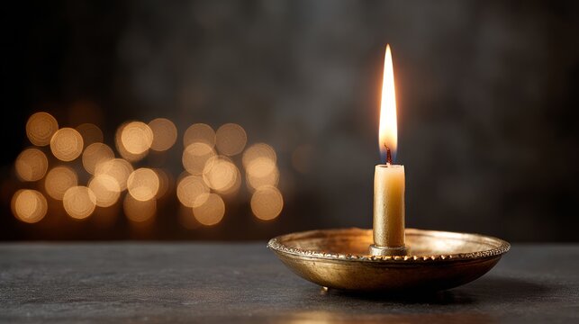 Candle flame flickering in a decorative brass holder, casting warm light against a blurred background of glowing bokeh, creating a serene and tranquil atmosphere for relaxation