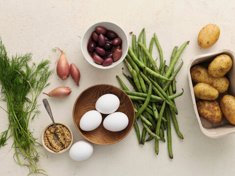 Fresh local produce from the market. Top view various ingredients for cooking healthy vegetarian meal