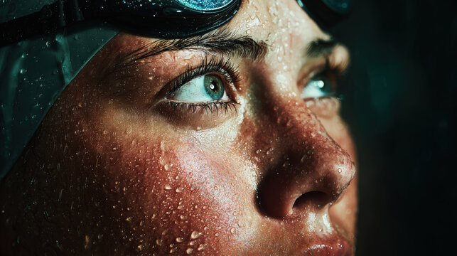 Sweaty swimmer looks up with determination after an intense workout session.