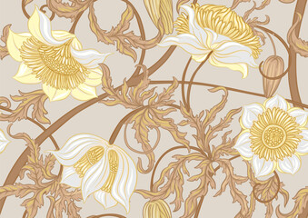 Seamless floral pattern featuring vintage botanical flowers, ornate leaves, blooming buds and elegant art nouveau elements. Perfect for textile design, decor, classical engraving illustration.