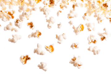 A overhead view of scattered popcorn kernels on a clean white background. ideal for food-related content. snack promotions. or culinary articles