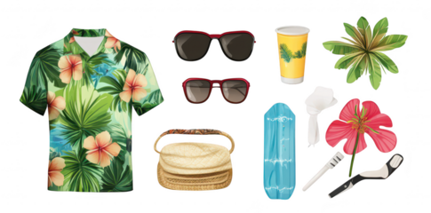 A tropical-themed flat lay featuring a floral shirt. sunglasses. a refreshing drink. and beach accessories. set against a clean white background. perfect for summer vacation promotions