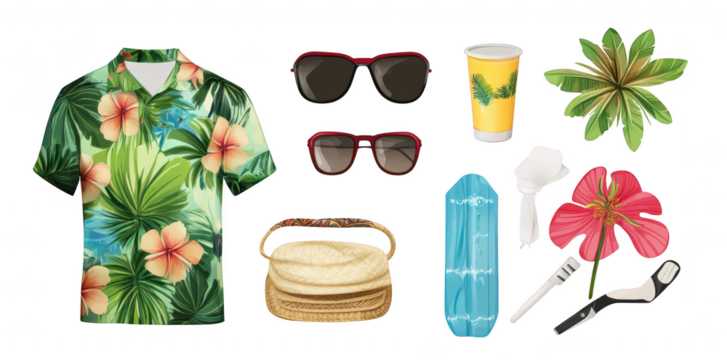 A tropical-themed flat lay featuring a floral shirt. sunglasses. a refreshing drink. and beach accessories. set against a clean white background. perfect for summer vacation promotions