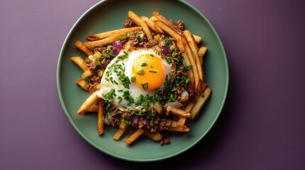 Gourmet French Fries With Ground Beef, Fried Egg, and Chives Served on a Green Plate