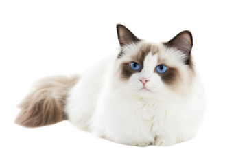 A fluffy Ragdoll cat with striking blue eyes lies gracefully on a soft white surface. its elegant features and calm demeanor. perfect for pet lovers and animal enthusiasts