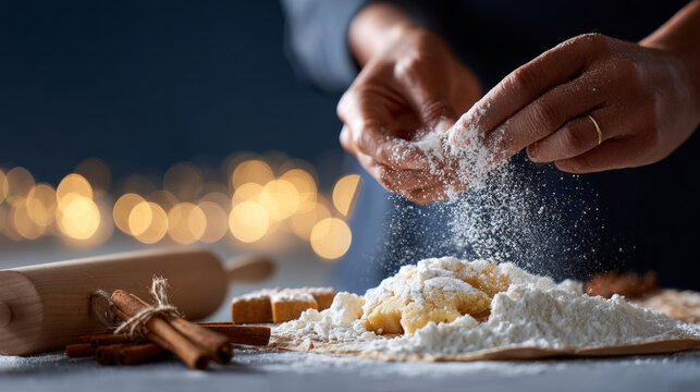 Close-up of hands sprinkling flour over dough on a wooden surface with cinnamon sticks and rolling pin in soft warm kitchen lighting