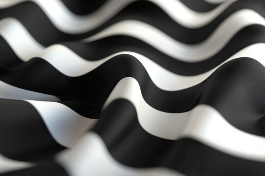 Black and white wavy striped fabric with smooth texture creating abstract pattern with high contrast and flowing curves, evoking dynamic and modern feel