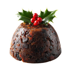Traditional Christmas pudding with holly on top. Isolated white background. Png format