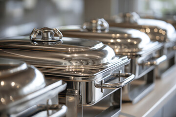 A row of shiny stainless steel buffet chafing dishes with lids neatly lined up on a banquet table for catering or event service setup