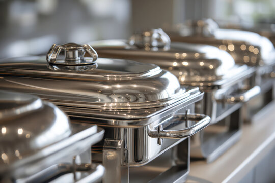 A row of shiny stainless steel buffet chafing dishes with lids neatly lined up on a banquet table for catering or event service setup