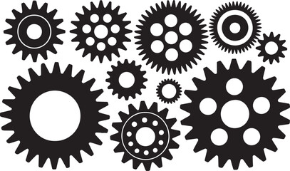 Collection of black gears with various teeth and inner circles on white cogwheel mechanism