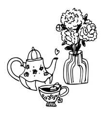 Savory Meal Plate Doodle. Top view of breakfast with toast on Checkered Table Setting. Outline Hand-Drawn Vector Illustration