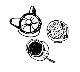Whimsical Tea Time Doodle Collection. Cute Dog Head, Waffles, and Coffee Cup Set. Outline Hand-Drawn Vector Illustration