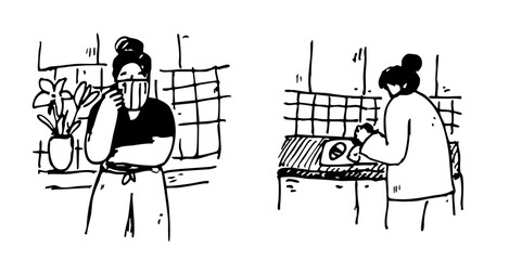 Young Woman Cooking and Drinking Tea or Coffee in Kitchen Doodle Scenes Collection. Cute Girl having Breakfast or Meal Prep. Outline Hand-Drawn Vector Illustration