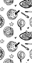 Seamless Breakfast Pattern Doodle. Waffles, Fried Egg, Coffee, and Lemon Repeat Background. Outline Hand-Drawn Vector Illustration