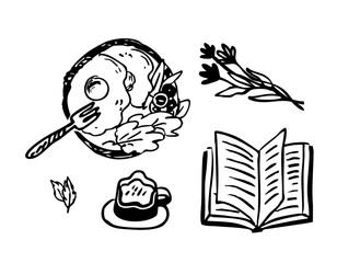 Cozy Morning Lifestyle Doodle Collection. Breakfast, Coffee, and Reading Book Set. Outline Hand-Drawn Vector Illustration