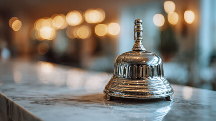 Elegant silver bell on marble surface with warm bokeh lighting in the background