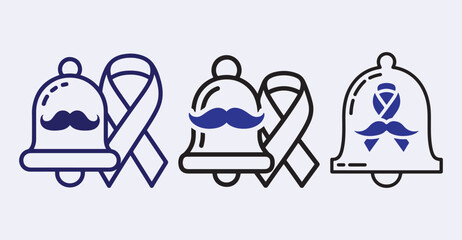 Movember icons set bell with mustache and ribbon for awareness