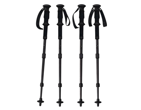 Four dark hiking poles stand upright against a black backdrop, all similar