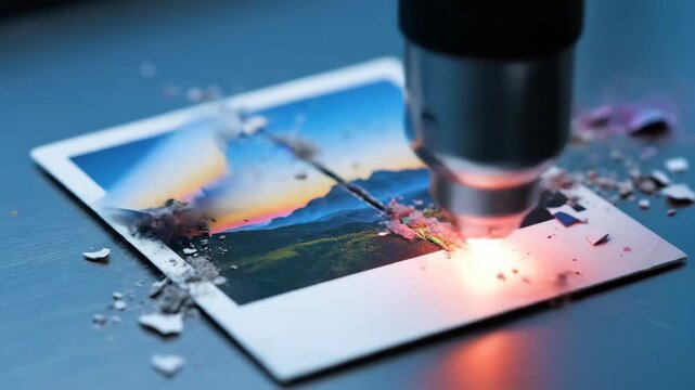 Laser engraving machine creating a colorful sunset image directly onto a white instant print, blending traditional memories with modern technology and precision manufacturing