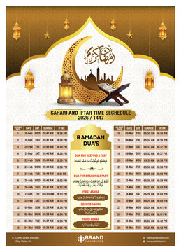 Ramadan desktop editable wall calendar design 2025 with sehri iftar timetable schedule. Ramadan arabic islamic calendar with sehar Iftar fasting dua. Ideal for prayer and fasting times during the Holy