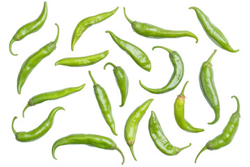 A arrangement of fresh green chili peppers scattered artistically on a clean white background. ideal for culinary presentations. food blogs. or cooking-related content