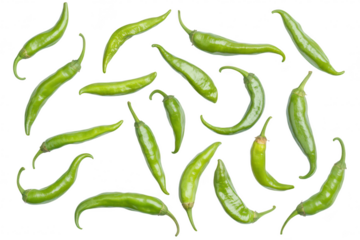 A arrangement of fresh green chili peppers scattered artistically on a clean white background. ideal for culinary presentations. food blogs. or cooking-related content