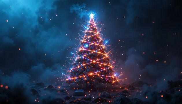 Festive Christmas Tree with Lights Sparkles in Night Sky with Clouds - Powered by Adobe