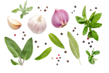 A arrangement of fresh herbs and garlic cloves on a clean white background. culinary ingredients ideal for cooking. garnishing. or food styling