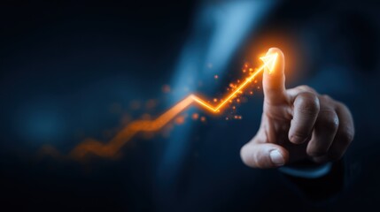 A business professional in a dark suit points at an upward trend line glowing in orange. The setting suggests a focus on growth and success in finance or analytics