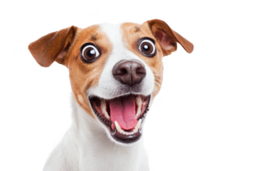 A joyful small dog with a big smile and expressive eyes. its playful personality against a clean white background. perfect for pet-related content or advertisements