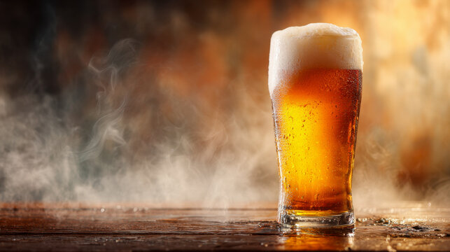 A tall chilled glass of amber craft beer with frothy foam on rustic wooden surface surrounded by steam in warm atmospheric lighting setting