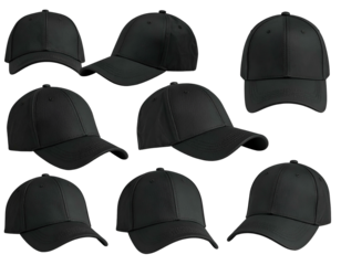 Nine plain black caps displayed from various angles on black