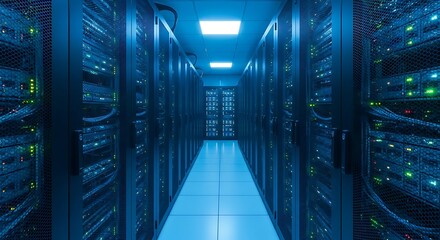 Data Center Server Room with Rows of Rack Servers.
