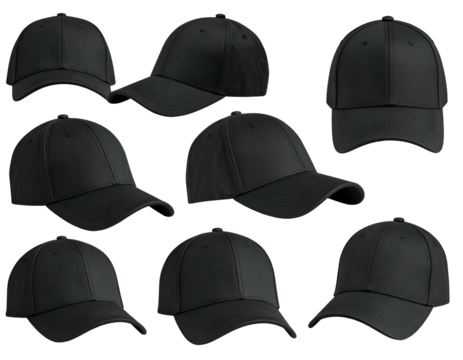 Nine plain black caps displayed from various angles on black