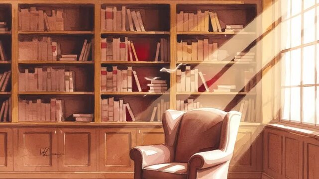 Sunlit library room with cozy armchair and wooden bookshelves in warm ambiance