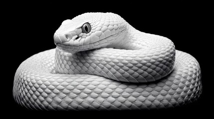 Fototapeta premium Albino snake coiled on a black background, studio shot in black and white